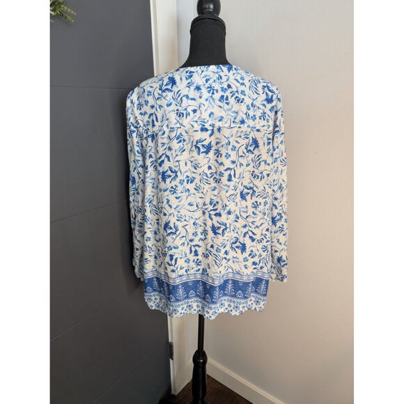 Joie Blue & White Floral 100% Linen Button-Front Roll Tab Sleeve Tunic Top - 1X - Picture 3 of 7